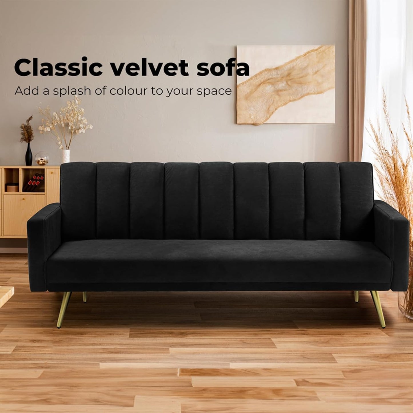 LEVEDE 3 Seater Sofa Bed Convertible, Velvet Loveseat Sofa Couch, Recliner Sofa Lounge with 3 Adjustable Backrest Positions, Spare Bed for Guest, Load Up to 220kg (197cm, Black)