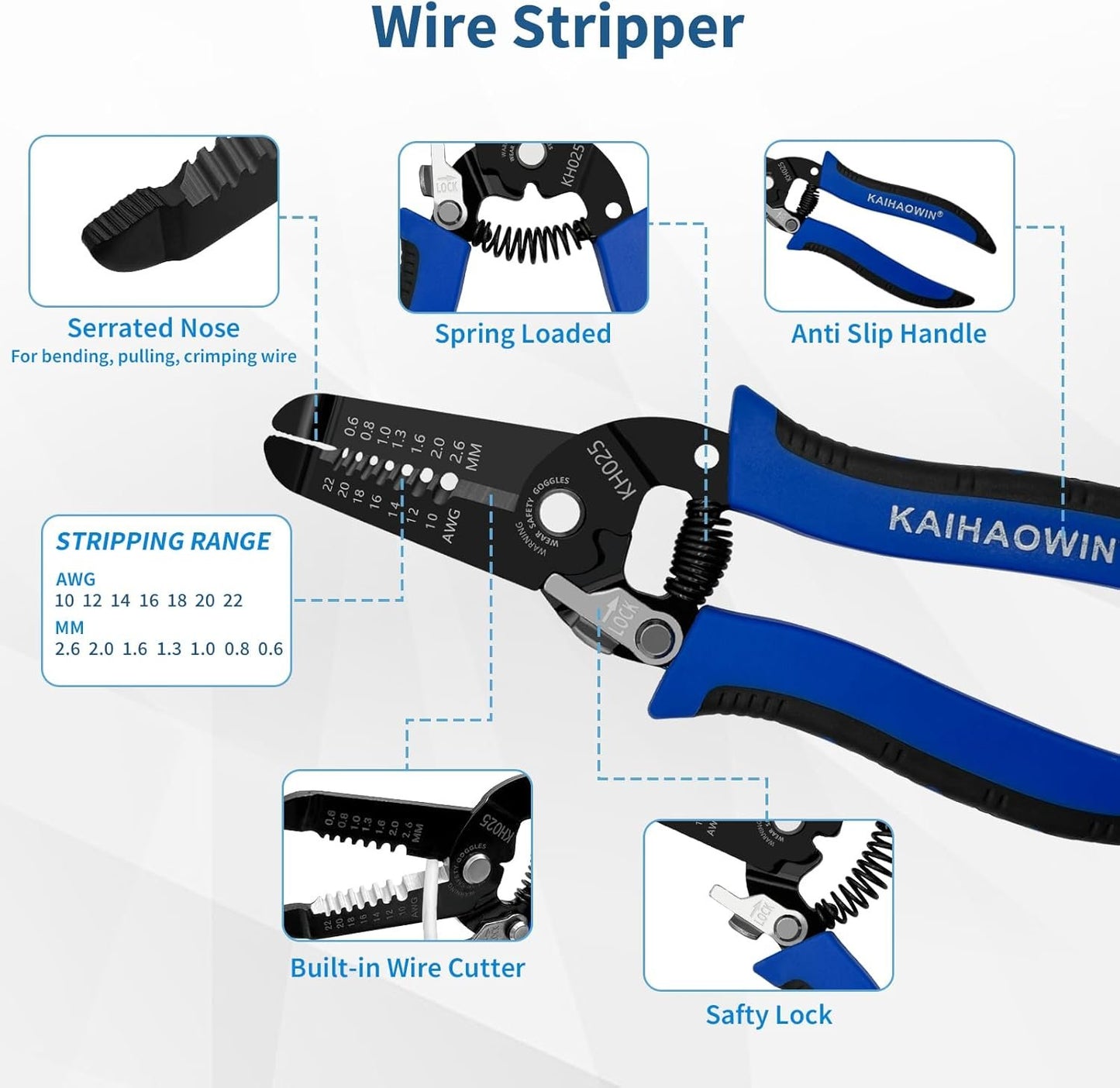 KAIHAOWIN 5 Pack Wire Stripper and Cutter with Safety Lock and Spring Loaded Professional Stripping Pliers Electrican Tool Small Gauge for 10-22 AWG Stranded Wire