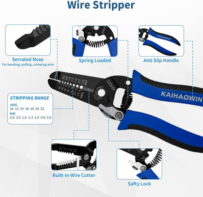 KAIHAOWIN 5 Pack Wire Stripper and Cutter with Safety Lock and Spring Loaded Professional Stripping Pliers Electrican Tool Small Gauge for 10-22 AWG Stranded Wire