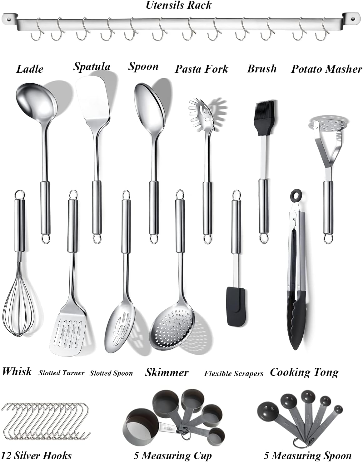 Berglander Kitchen Utensils Set 38 Pieces, Stainless Steel Cooking Utensils Set, Kitchen Gadgets Cookware, Kitchen Tool Set with Utensil Holder Rack and Hooks for Hanging Dishwasher Safe