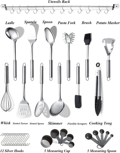 Berglander Kitchen Utensils Set 38 Pieces, Stainless Steel Cooking Utensils Set, Kitchen Gadgets Cookware, Kitchen Tool Set with Utensil Holder Rack and Hooks for Hanging Dishwasher Safe