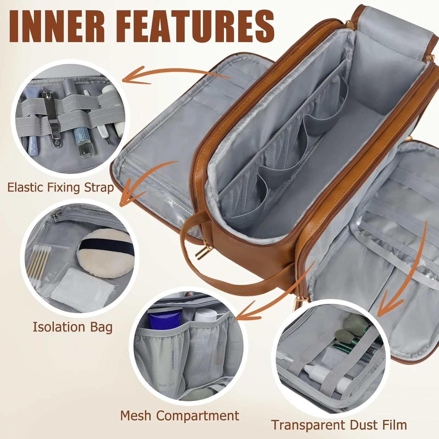 Gloppie Travel Size Toiletries Bag Large Capacity Toiletry Bag Toiletry Kit Hanging Travel Toiletry Organizer, Brown, Business, Travel, Leisure