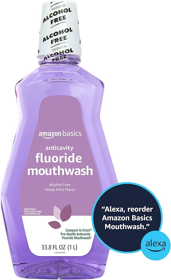 Amazon Basics Anticavity Fluoride Mouthwash, Alcohol Free, Violet Mint, 1 Liter, 33.8 Fluid Ounces, 4-Pack (Previously Solimo)