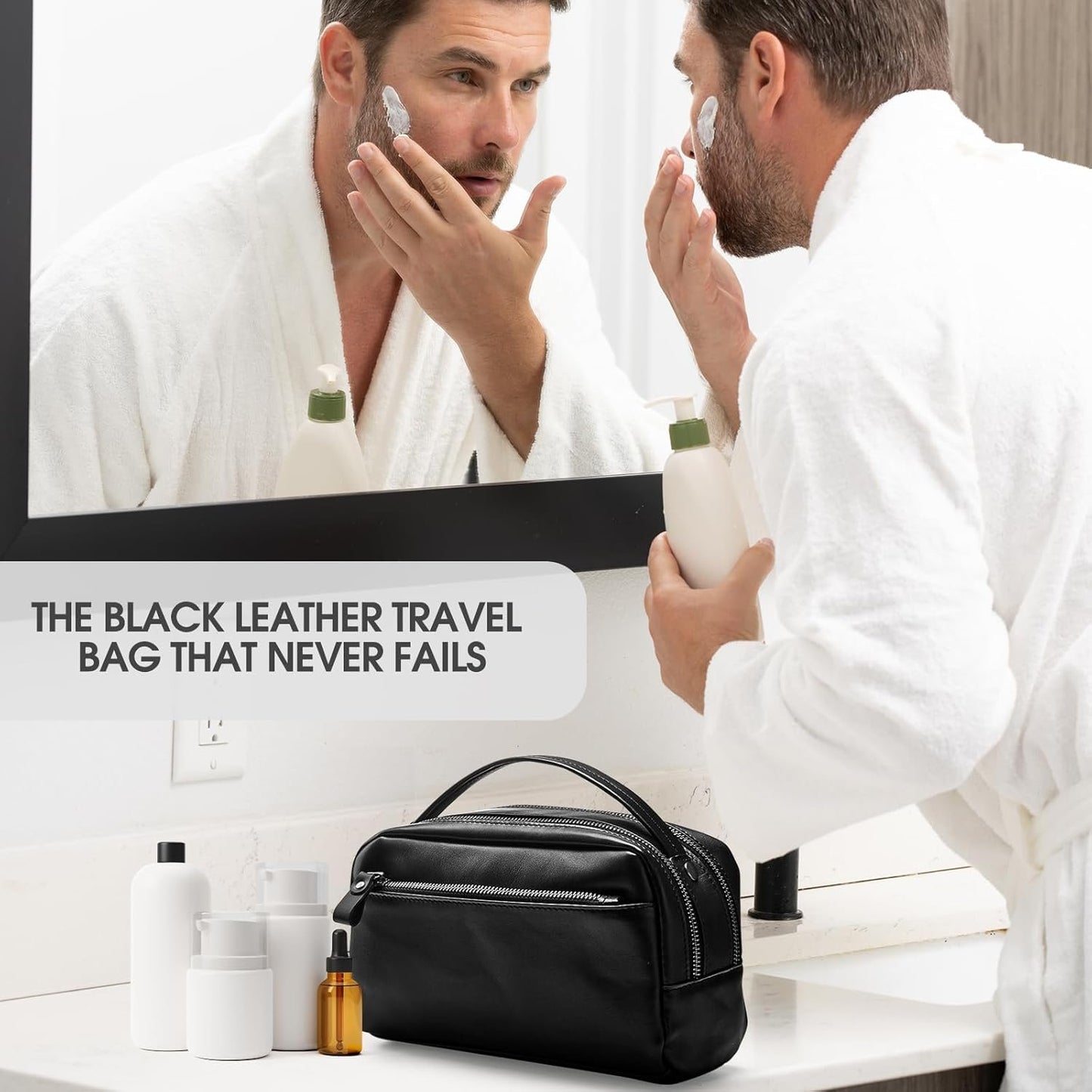 Travel Toiletry Bag for Men Hanging Dopp Kit - 100% Genuine Leather Mens Travel Organizer- Shaving Bag for Toiletries Accessories with Large Capacity -Best Gift for Husband Father Boyfriend, Black