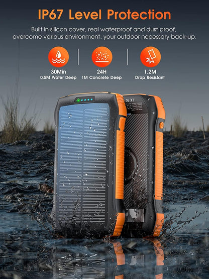 Solar Power Bank, 26800mah Portable Charger PD 20W & QC3.0 18W & Wireless 10W with 5 Outputs 2 Inputs Fast Charging Waterproof 6W LED Flashlight for iPhone 15/14/13, Galaxy, iPad, Tablets (26800mAh)