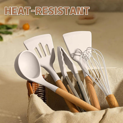 Kitchen Utensil Set Silicone Cooking Utensils Umite Chef 24 pcs Kitchen Utensils Tools Wooden Handle Spoons Silicone Utensil Set Spatulas Set Cookware Turner Tongs Whisk Kitchen Gadgets with Holder