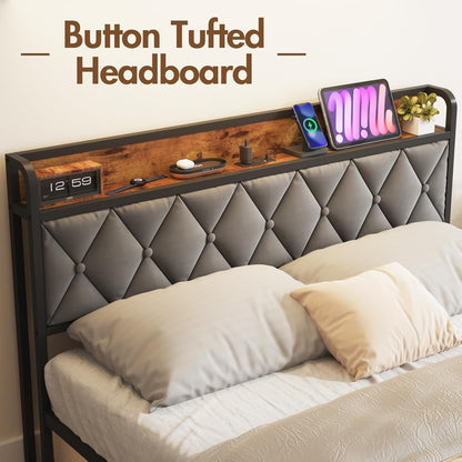 ADVWIN Double Size Bed Frame, Storage Tufted Headboard & Charging Station and USB Ports, Industrial Upholstered Platform Bed, No Box Spring Needed, Rustic Brown & Gray(Double)
