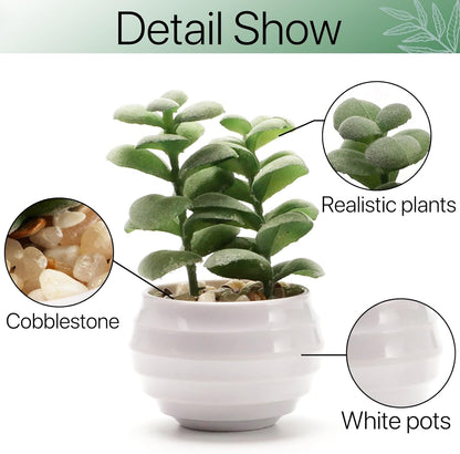 BERRYLION 6 Packs Succulents Fake Plants,Small Artificial Plants Indoor,Green Bookshelf Décor,Faux Plants for Home Décor,White Potted Fake Plant for Nightstand Decor