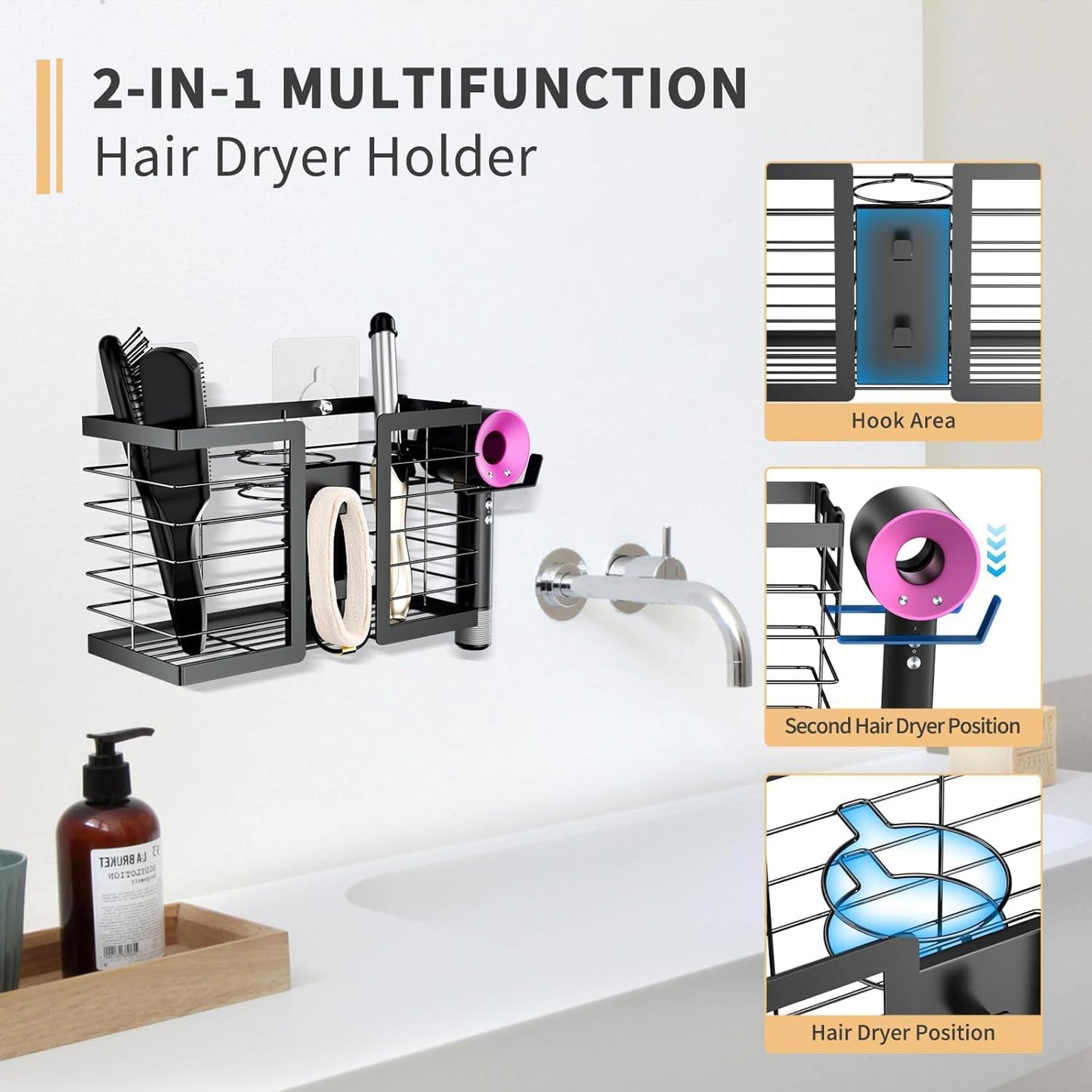 Hair Tool Organizer - Hair Dryer Holder, 3 in 1 Metal Bathroom Organizer Wall Mount for Flat Iron, Curling Iron, Straightener, Hair Care & Styling Tools Bathroom Storage and Organizer (Black)