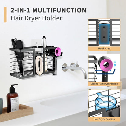 Hair Tool Organizer - Hair Dryer Holder, 3 in 1 Metal Bathroom Organizer Wall Mount for Flat Iron, Curling Iron, Straightener, Hair Care & Styling Tools Bathroom Storage and Organizer (Black)