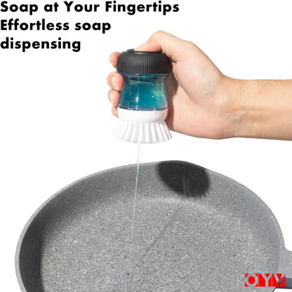 OYV Dish Scrub Brush with Soap Dispenser, Kitchen Brush for Dish Pot Pan Sink Cleaning, 1 Piece Soap Dispensing Palm Brush, Black/Clear/White