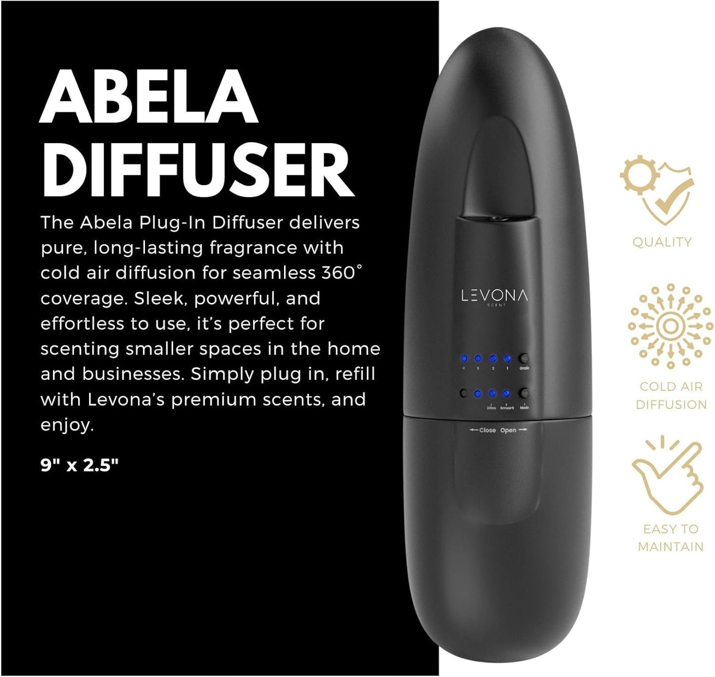 Levona Scent Abela 100 - Essential Oil Diffuser & Plug in Air Freshener for Home, Office and Hotel Use, Waterless Diffuser & Nebulizer - Matte Black, 500 sqft (Button Control, Oil Not Included)