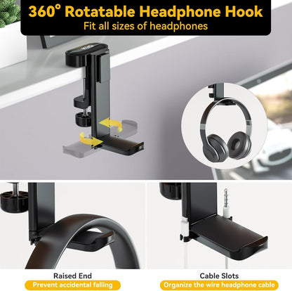 KDD 4 in 1 Desk Organizer - Under Desk Headphone Hook with 2 Wire Holes - Rotating Headphone Hanger and Detachable Storage for Cup, Phone and Pen(Black)
