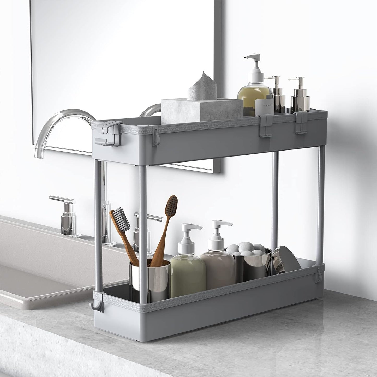 SPACELEAD Slim Storage Cart 4 Tier,Bathroom Storage Organizer Rolling Utility Cart, Mobile Shelving Unit Slide Out Storage Cart for Office, Bathroom, Kitchen, Laundry Room & Narrow Places， Gray