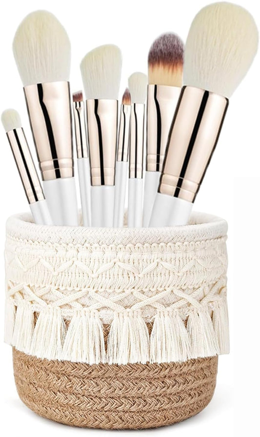 Make Up Brush Holder, Mini Multifunctional Storage Basket, 10 x 10 cm Desk Organizer, Makeup Holder Organizer in Bohemian Style for Brushes, Pens, Pencils and Accessories (White)