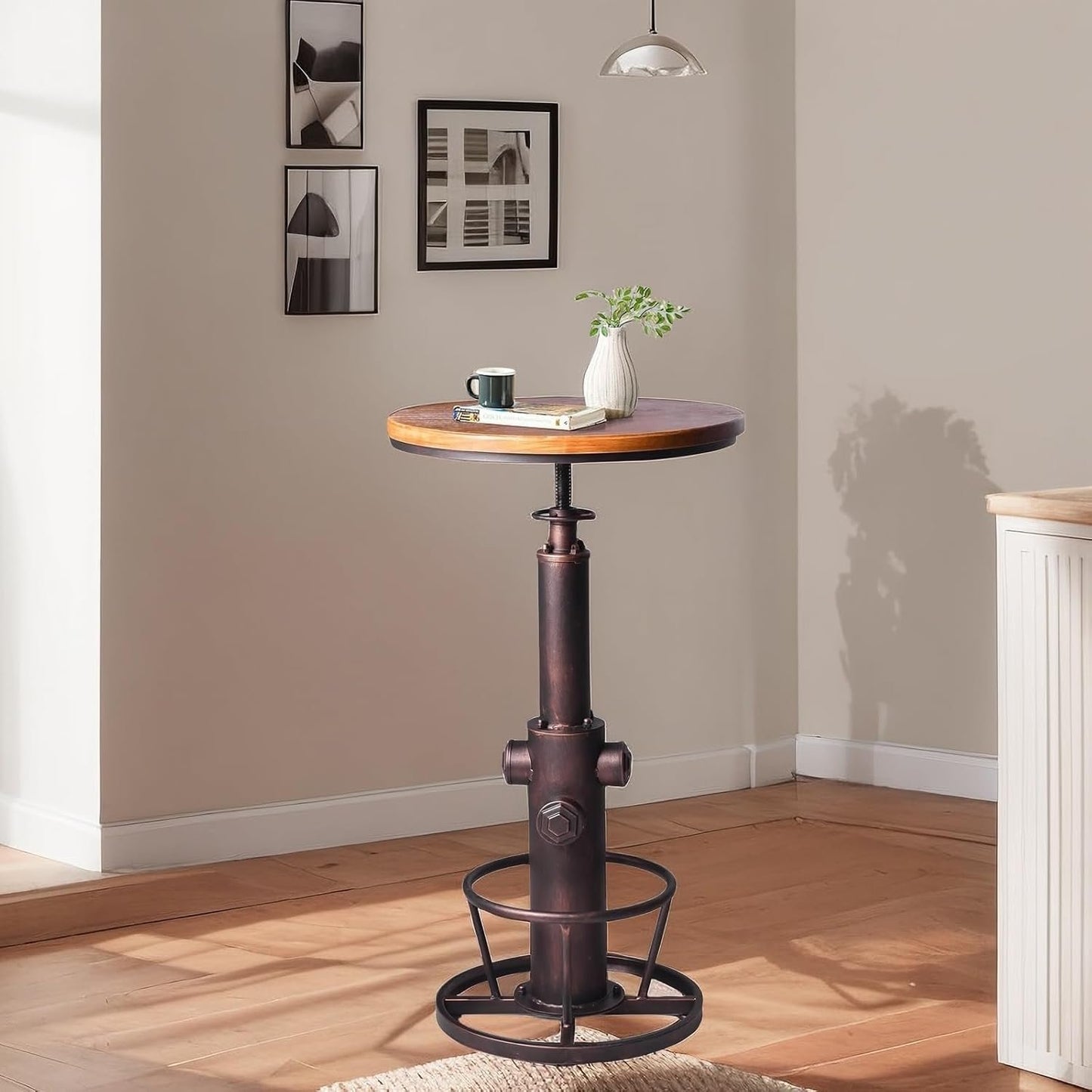 BOKKOLIK Industrial Bar Table Swivel Round Wooden Top Height Adjustable 38.6-44.4inch Vintage Kitchen Dining Chair Coffee Table Hydrant Design Bistro Table
