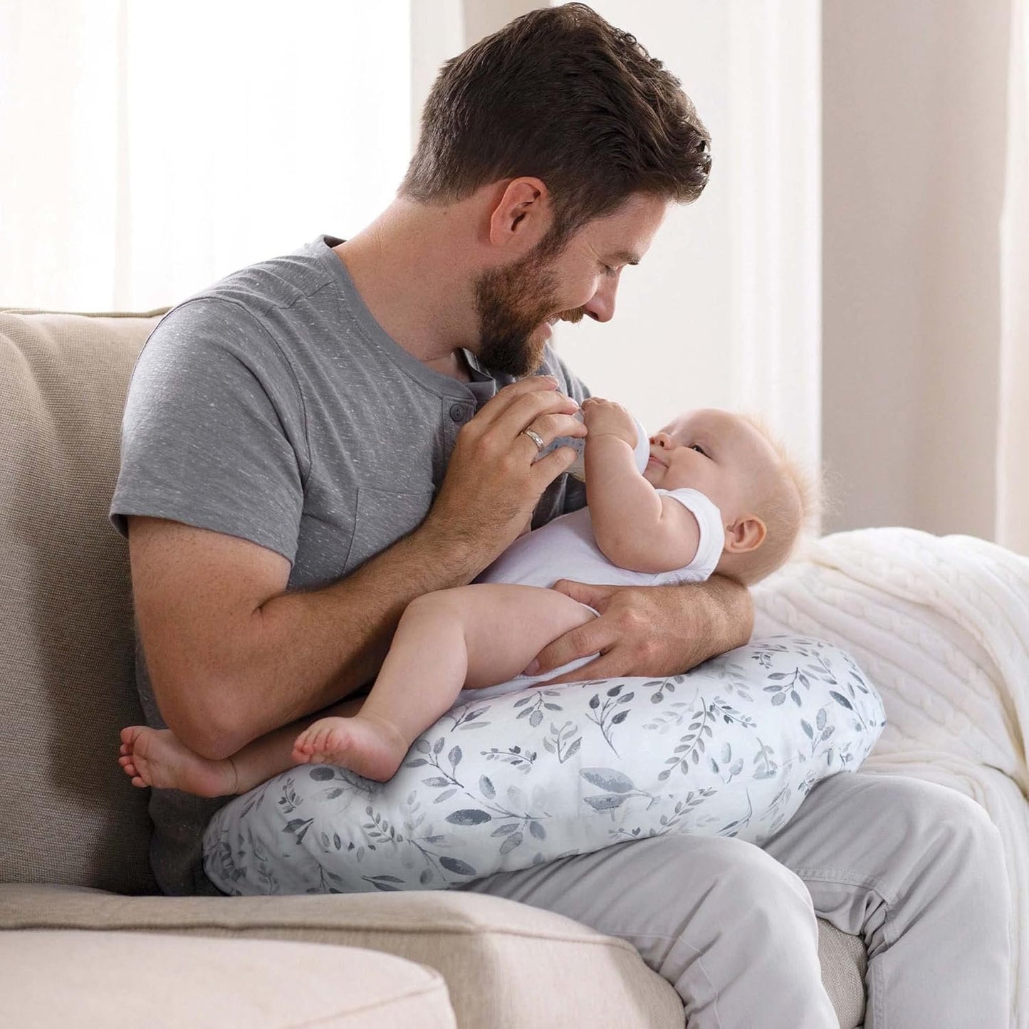 Boppy Nursing Pillow and Positionerâ€”Original | Gray Taupe Watercolor Leaves | Breastfeeding, Bottle Feeding, Baby Support | with Removable Cotton Blend Cover | Awake-Time Support