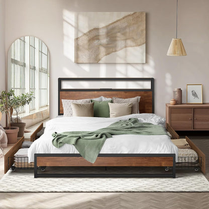 Oikiture King Bed Frame with Led Light and Charge Station Metal Bed with 4 Drawers