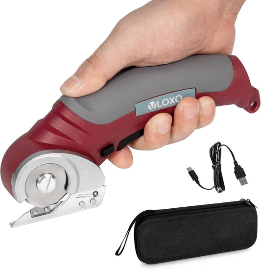 VLOXO Cordless Electric Scissors, AT001 Rotary Cutter for Fabric, Cardboard Cutter 4.2V Muti-Cutting Tools with Safety Lock, Rechargeable Powerful Fabric Cutter for Carpet Leather with Storage Box