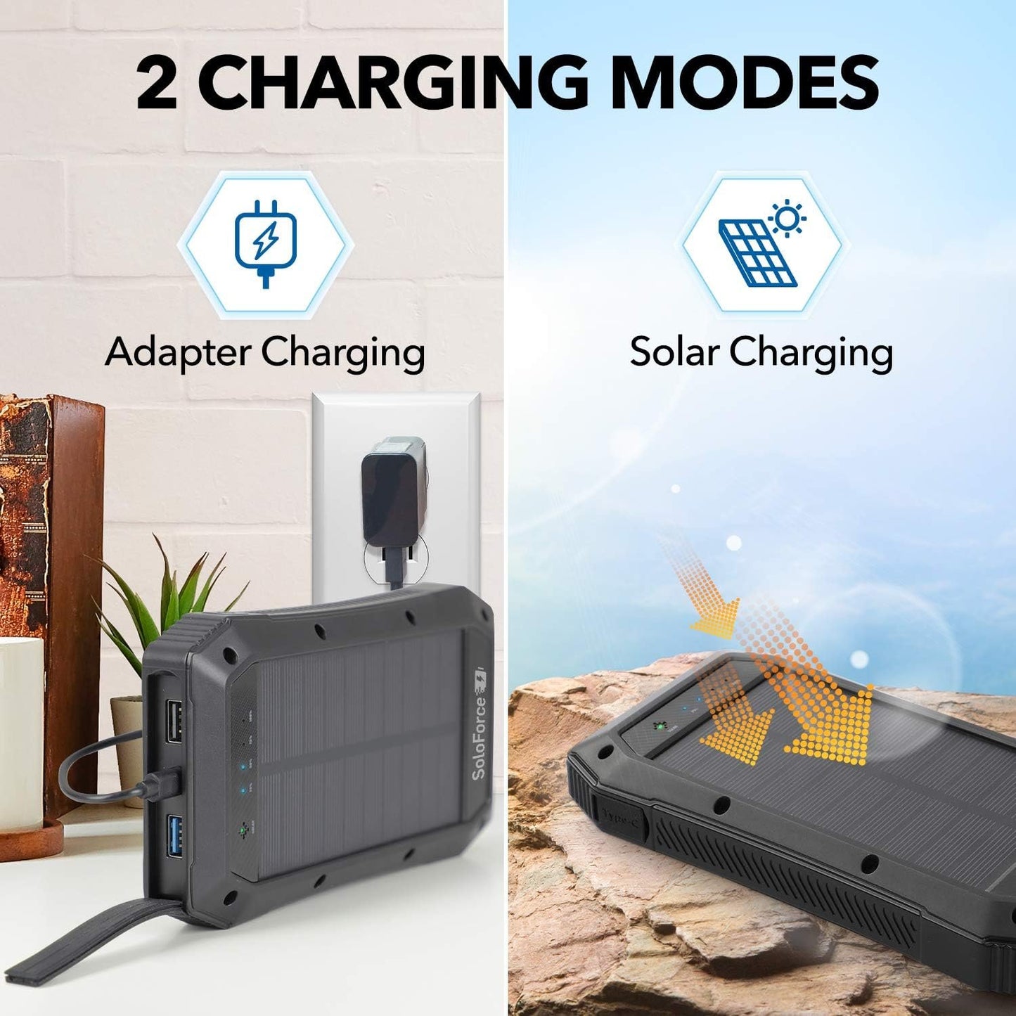 SoloForce Solar Power Bank - Solar Charger and Portable Battery with Portable Charger | QI Wireless Charger and Solar Charger for Cell Phone | 20000mAh Li-Po Solar Battery Charger