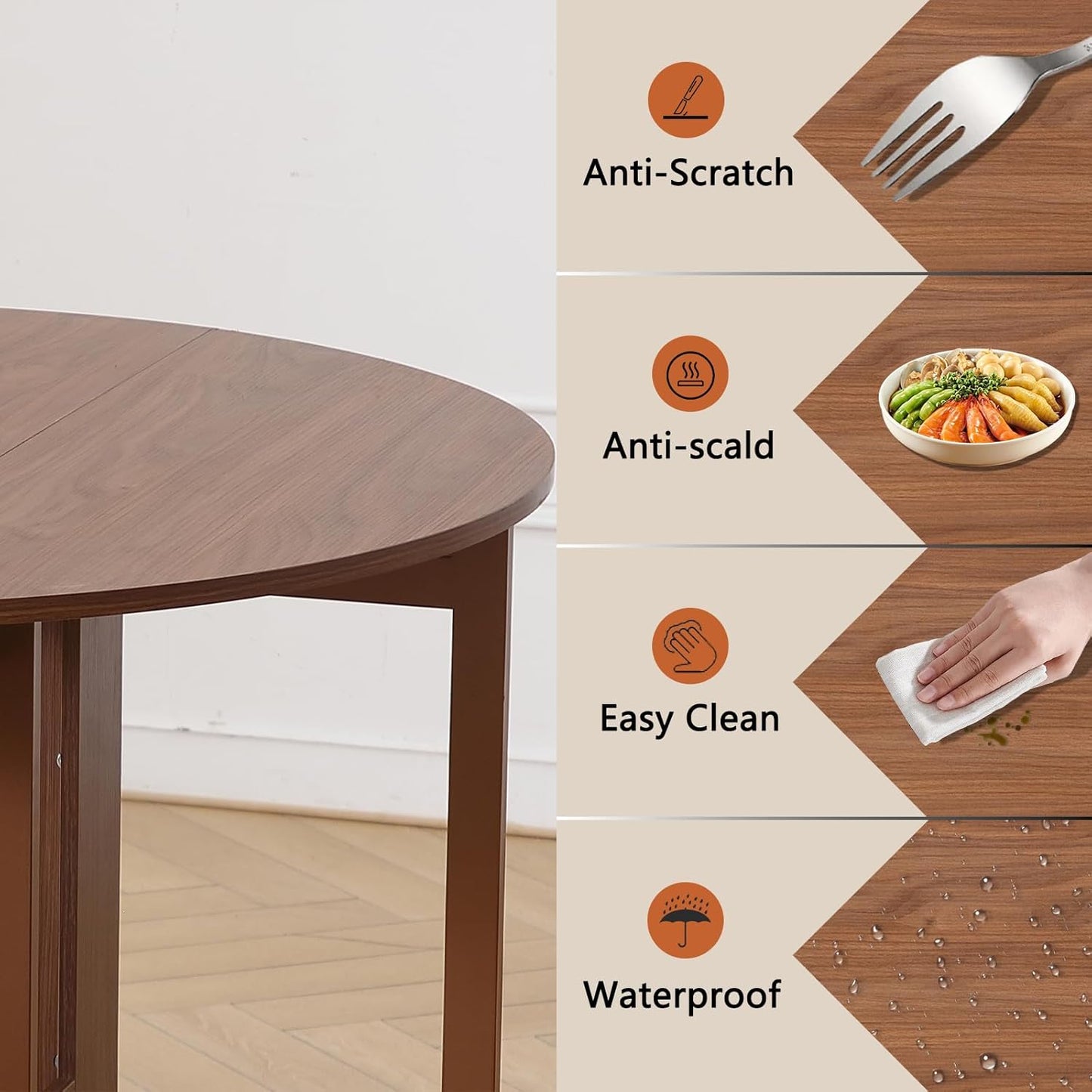 COMUHOME 47.3" Round Folding Dining Table for 4-8, Wood Kitchen Foldable Table Large Drop Leaf Dinner Table with Storage Shelf Metal Legs for Home Dining Room Living Room in Walnut