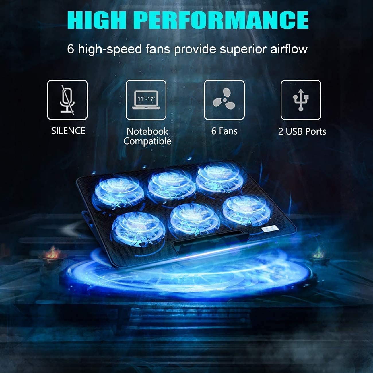 Laptop Cooling Pad, Necomi® Laptop Cooler Stand with 6 Quiet Cooling Fans and 6 Height Adjustable Dual USB Powered Gaming Cooling Stand for 12-17 Inch Desktop Computer