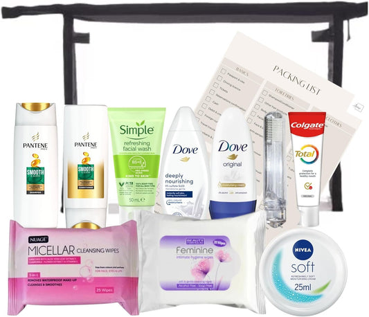 Travel Toiletries Set for Women - Mini Kit, Essentials for Hospital Stay, Maternity, Airport Security Approved Liquids - Clear