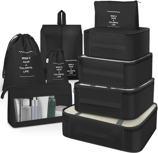 OBSGUMU Suitcase Organizer Set, 9 x Cubes Organizer Suitcases, Packing Cubes, Travel Backpack Organizer, Cosmetic Containers for Suitcase, Cubes Packaging for Travel Essentials (Black)