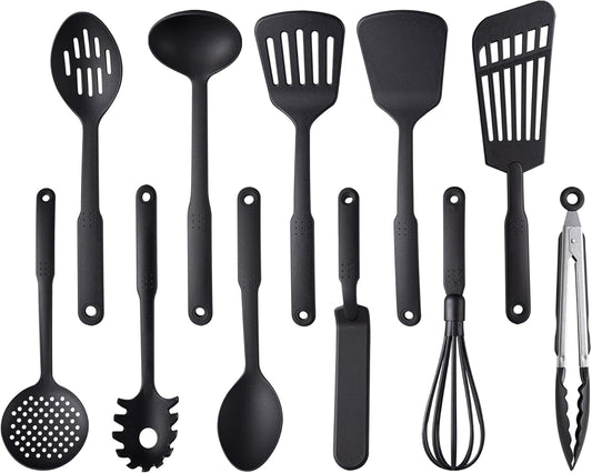 TJ POP Kitchen Utensils Set of 11 Pcs, Non-Stick Cooking Utensils Set 410°F Heat Resistant, BPA-Free Nylon Utensil Set, Kitchen Gadgets Accessories Tools for Cookware (Black)