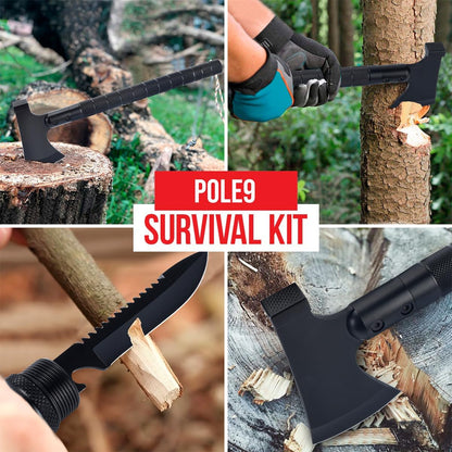 POLE9 Survival Axe 11-in-1 Multitool Axe - Outdoor Axe with 11 Functions of Camping Axe, Flint, Knife, Whetstone, Saw, Hammer and Many More - Optimal Survival Tool