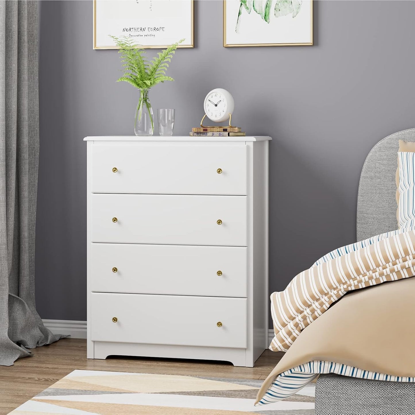 HOCSOK Chest of Drawers, Bedside Table with 4 Drawers, Multi-purpose Modern Design Wooden Cabinet for Bedroom, Hallway, Living Room, White, 74 x 40 x 94 cm