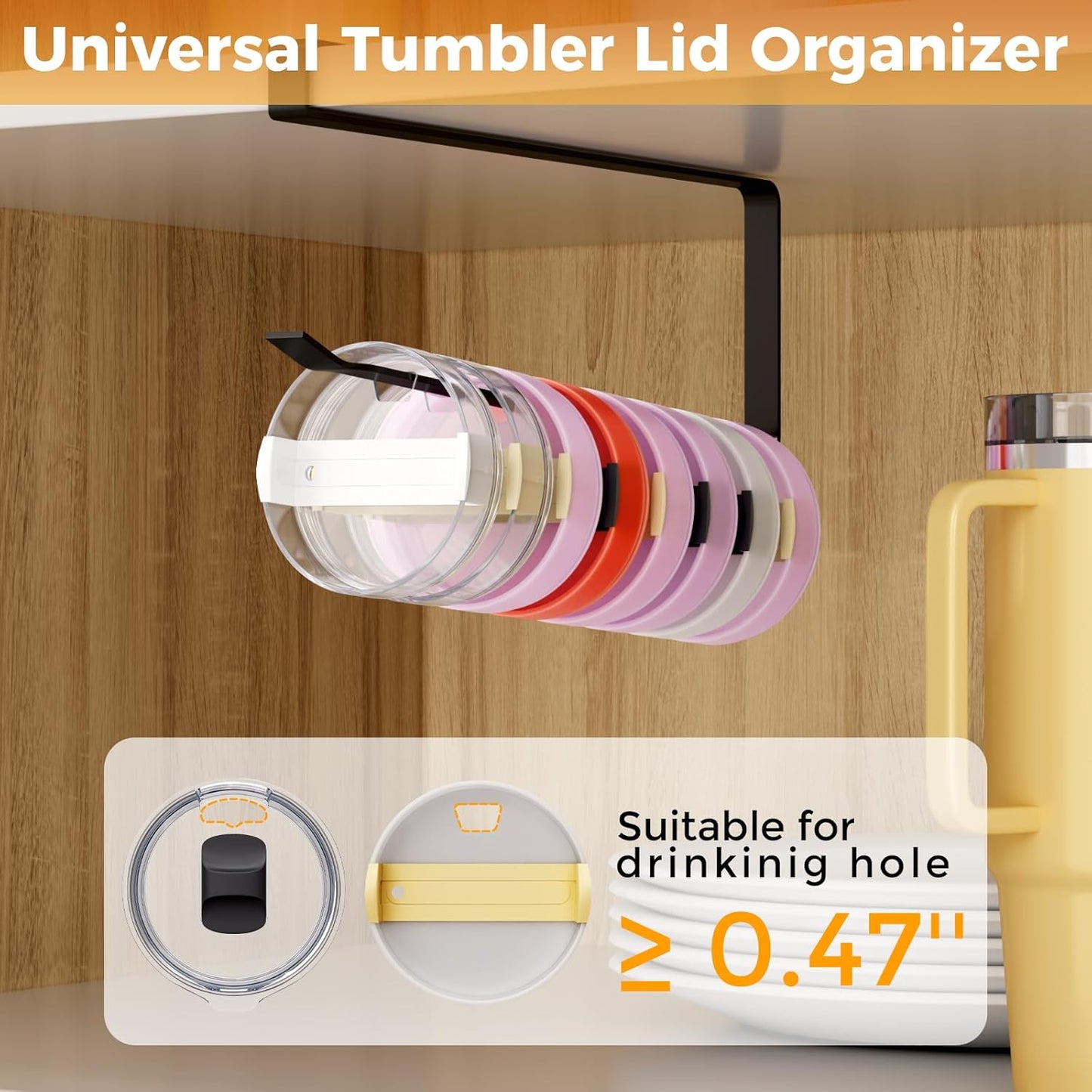 2 PCS Tumbler Lid Organizers, Ample Lid Capacity Up to 30 Lids, No Adhesive No Drill Yeti Lid Organizer Holder Inside Cabinet, Space-Saving Yeti Stanley Tumbler Cup Lid Holder Organizer for Kitchen