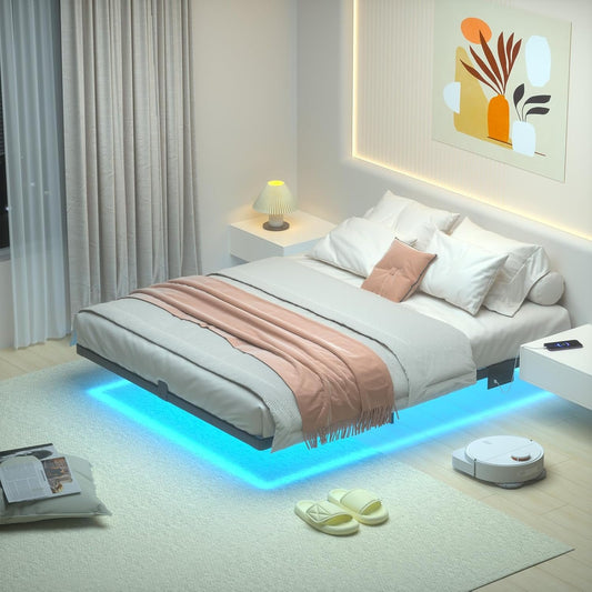 LOAKEKEL Floating Full Bed Frame, with LED Lights, Metal Platform Bed Frame with USB, Charging Station, Steel Slat Support, No Box Spring Needed, Easy to Assemble, Black HBF130BK