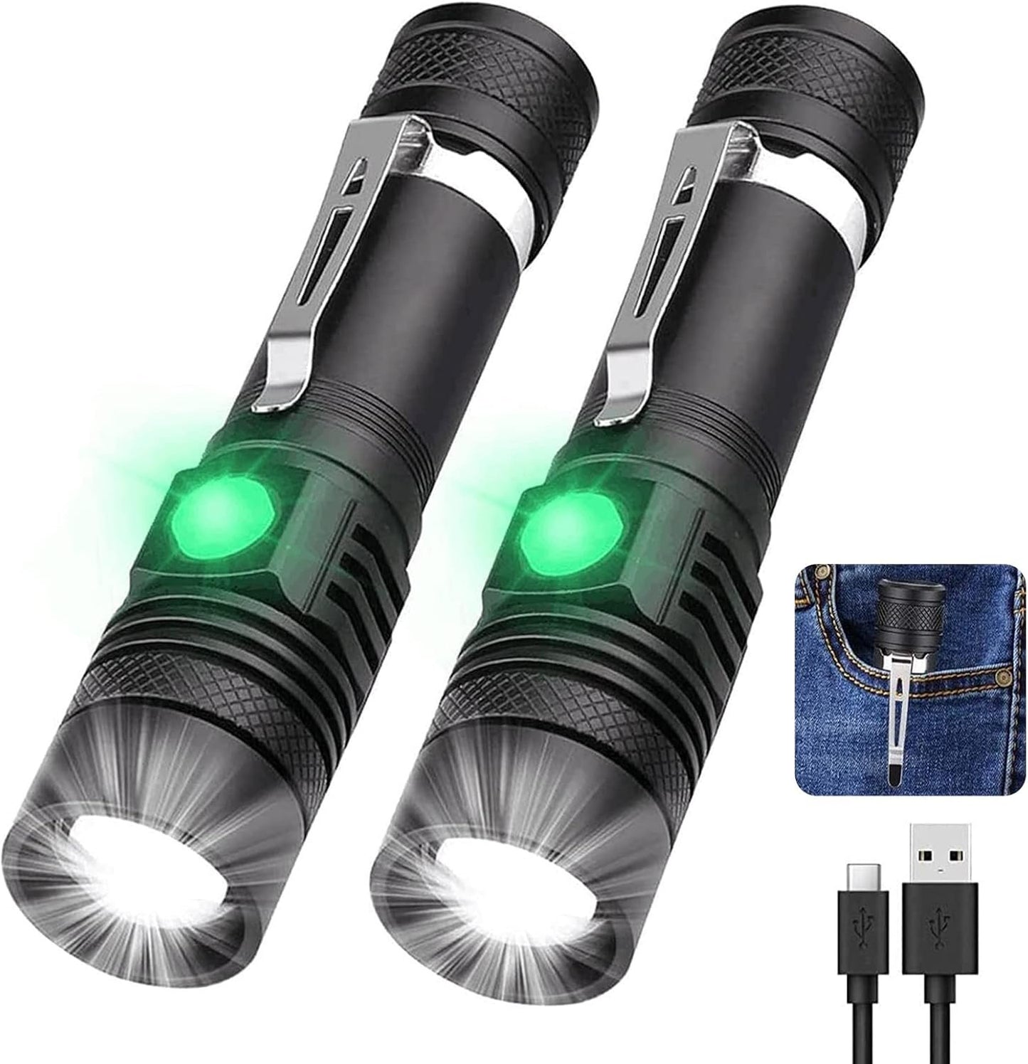 Rechargeable Flashlight, LED Tactical Flashlight, 2000 Lumens Super Bright Pocket-Sized LED Torch with Clip, IPX6 Water Resistant, 4 Modes for Camping Hiking Emergency (2 Pack)