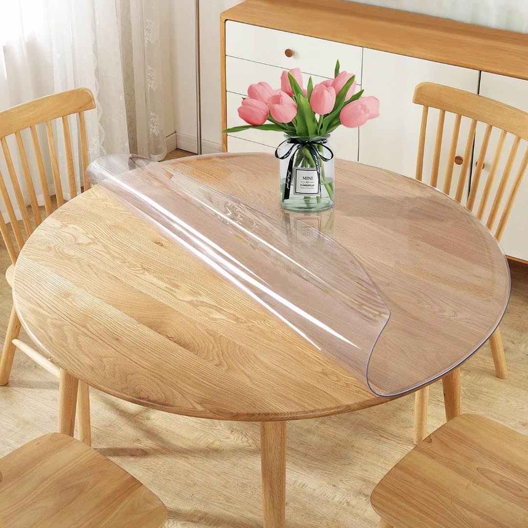 36 Inch Dia Round Clear Table Cover Protector Clear Circle Table Protector Plastic PVC Vinyl Tablecloth Cover Protective Easy Clean Dining Coffee End Tabletop Protector Wipeable Water Resistant Round