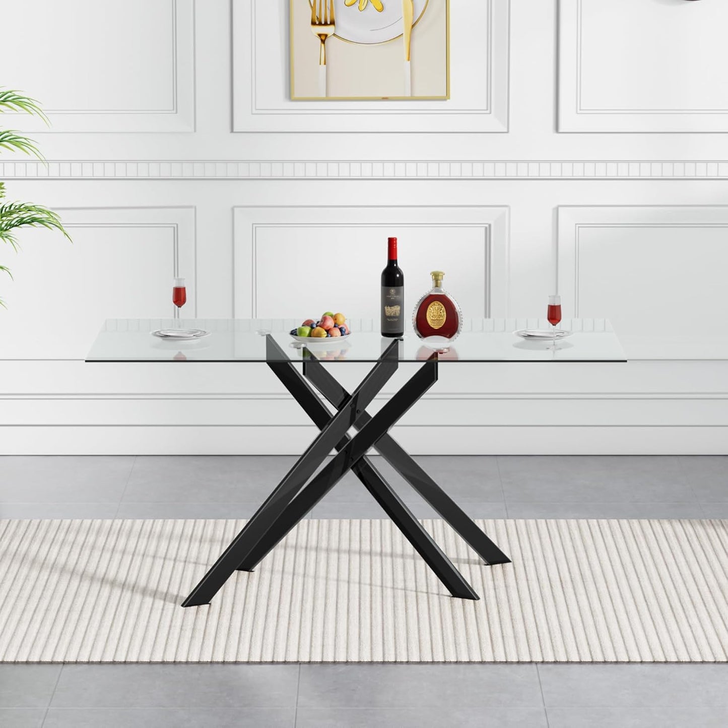 51inch Modern Dining Table for 4, Glass Kitchen Dining Room Table for 4, 0.32" Rectangular Tempered Glass Tabletop and Black Metal Legs,Rectangle Clear Glass Table for Kitchen, Dining Room