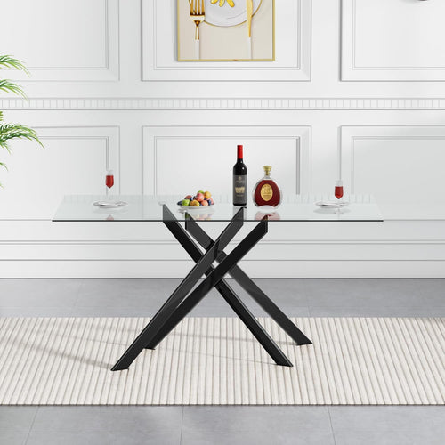 51inch Modern Dining Table for 4, Glass Kitchen Dining Room Table for 4, 0.32" Rectangular Tempered Glass Tabletop and Black Metal Legs,Rectangle Clear Glass Table for Kitchen, Dining Room