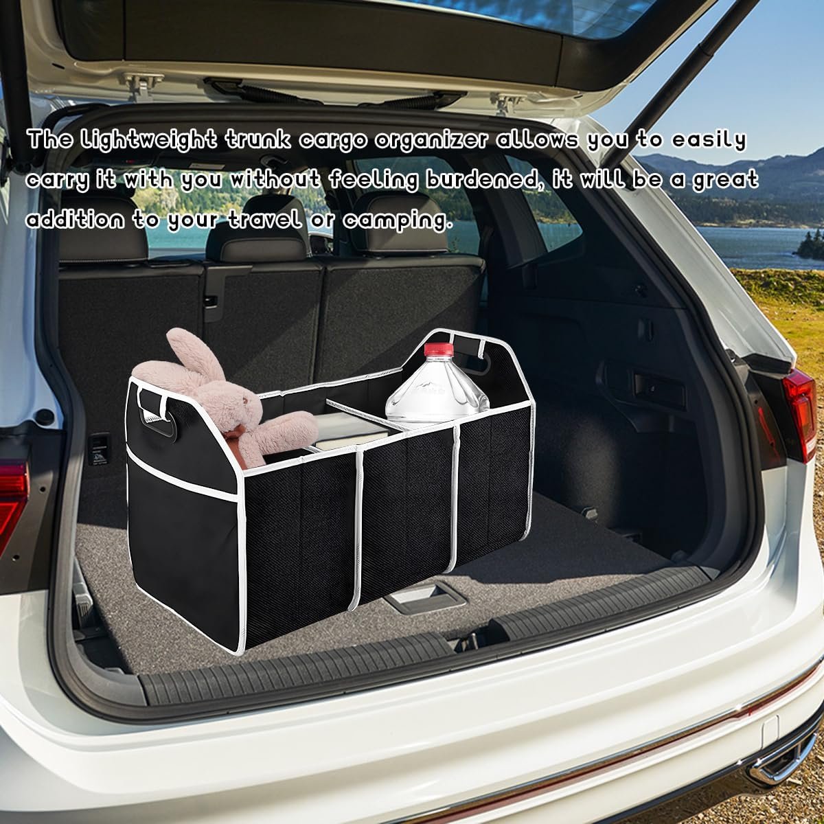 JUSTTOP Car Trunk Organizer, Portable Foldable Trunk Storage Container with 3 Compartments, Waterproof Large Capacity Cargo Trunk Organizer for Sedan Truck SUV, Car Accessories