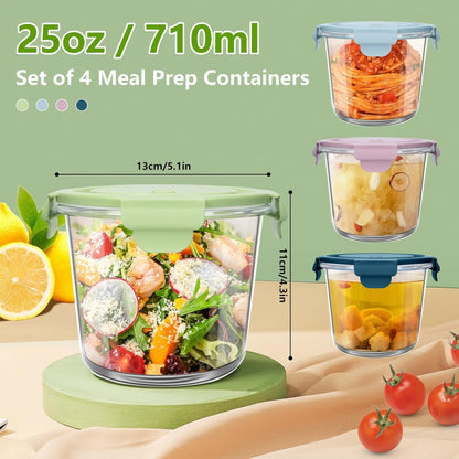 UHAPEER 710ml/24oz Glass Food Storage Containers, Airtight Leakproof Meal Prep Containers with Lids Soup Containers, Round Glass Bowls with Lids for Lunch, Microwave, Dishwasher, Freezer Safe - 4 Pack