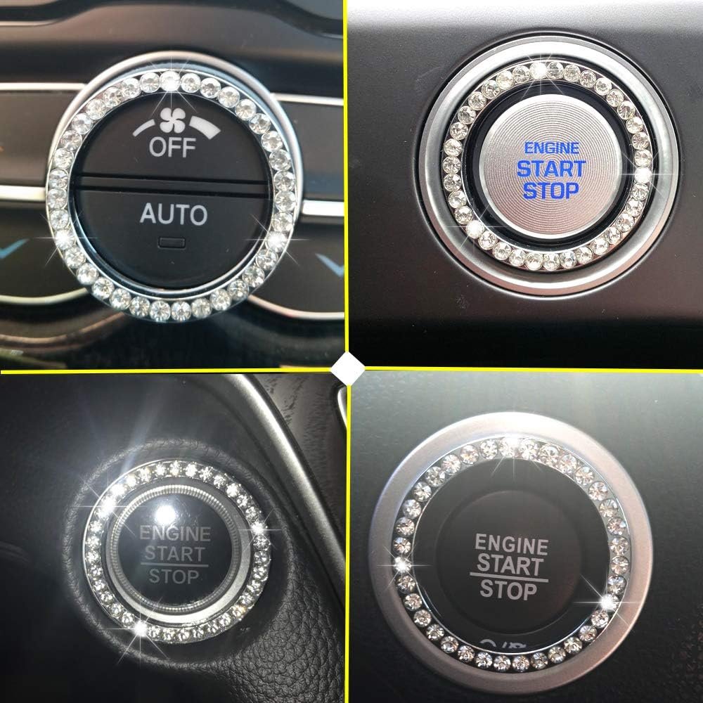 Anourney Silver Bling Crystal Rhinestone Car Decal, Emblem Sticker, Girly Car Interior Accessory Decoration for Push to Start Button Cover, AC Control Knob, Car Shift Cover