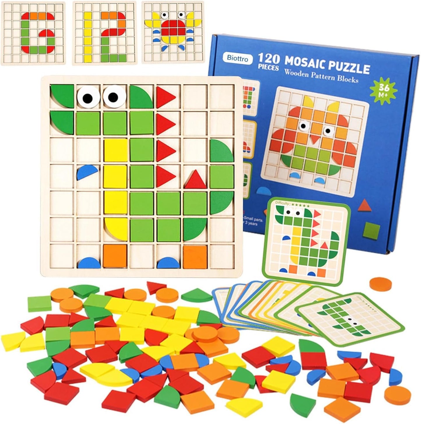Wooden Mosaic Puzzle 120PCS Shape Pattern Blocks Preschool Learning Activities Educational Toys Shape Matching Game Montessori Toys for Toddlers Kids Boys Girls 3 4 5 Years Old