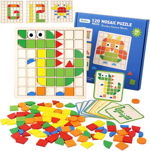Wooden Mosaic Puzzle 120PCS Shape Pattern Blocks Preschool Learning Activities Educational Toys Shape Matching Game Montessori Toys for Toddlers Kids Boys Girls 3 4 5 Years Old
