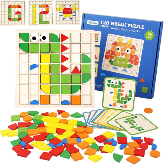 Wooden Mosaic Puzzle 120PCS Shape Pattern Blocks Preschool Learning Activities Educational Toys Shape Matching Game Montessori Toys for Toddlers Kids Boys Girls 3 4 5 Years Old
