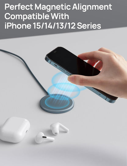 JSAUX Magnetic Wireless Charger Compatible with MagSafe Charger, 15W Fast Charging Wireless Phone Charger Pad, 7.5W Max for iPhone 16 Pro/Max/Plus, 15/14/13/12 Pro/Max/Mini, Magsafe Case and More-Blue