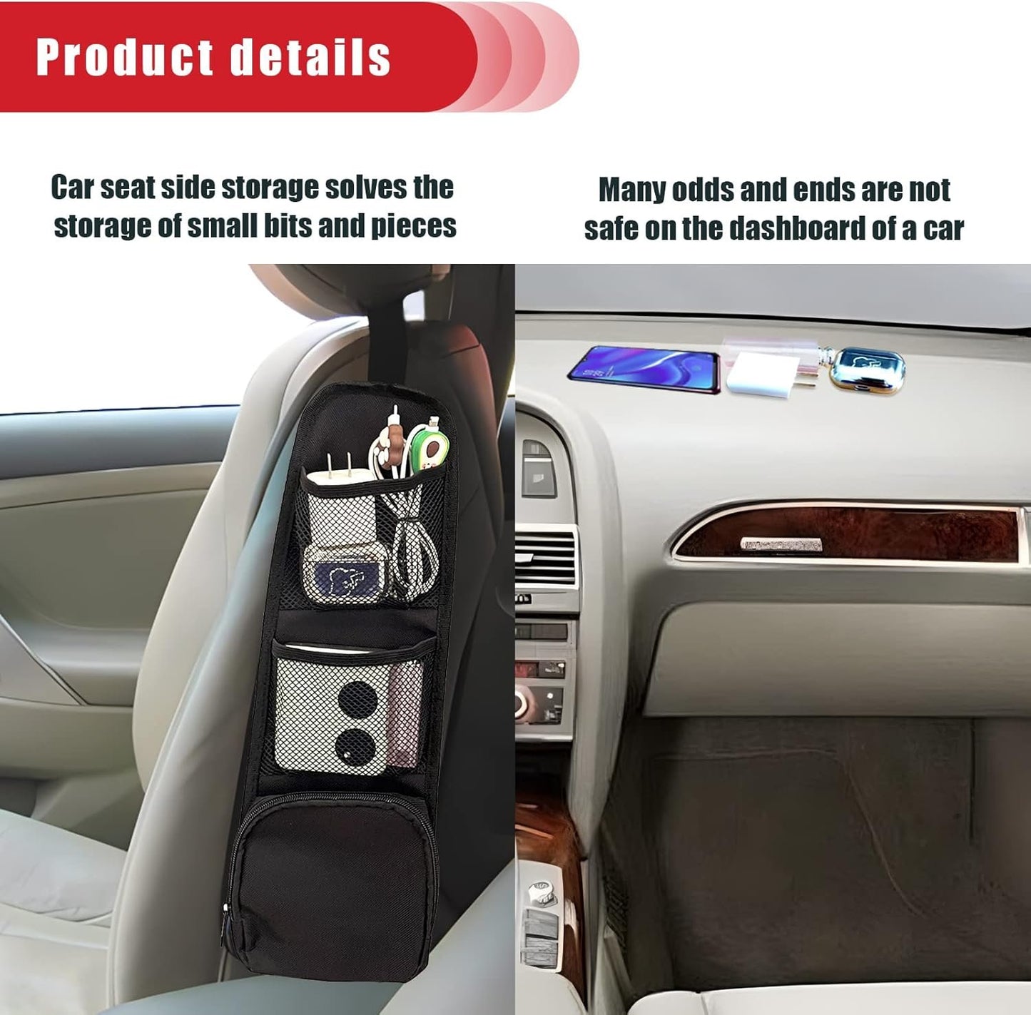 QUICTO 2PCS Car Seat Storage Hanging Bag, Multi-Pocket Side Organizer, Multifunctional Mesh Net Pocket, Can Hold Mobile Phone, Wallet, Glasses, Suitable for Cars, SUVs, Trucks Black