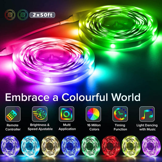 100ft LED Lights Room Decor, KIKO 30m Led Lights Strip for Bedroom Smart Color Changing 3535 RGB Light Strips with Bluetooth Controller Sync to Music Apply for TV, Bedroom, Party and Home Decoration