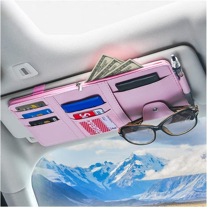 Car Sun Visor Organizer, Leather Storage Pocket Sun Visor Pouch with Zipper for Cards License Registration Pen Glasses Document, Fits Most Car SUV, Auto Interior Accessories for Men Women (Pink)