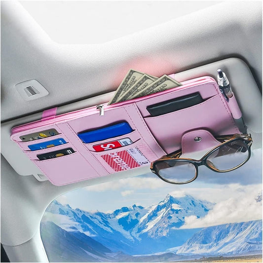 Car Sun Visor Organizer, Leather Storage Pocket Sun Visor Pouch with Zipper for Cards License Registration Pen Glasses Document, Fits Most Car SUV, Auto Interior Accessories for Men Women (Pink)