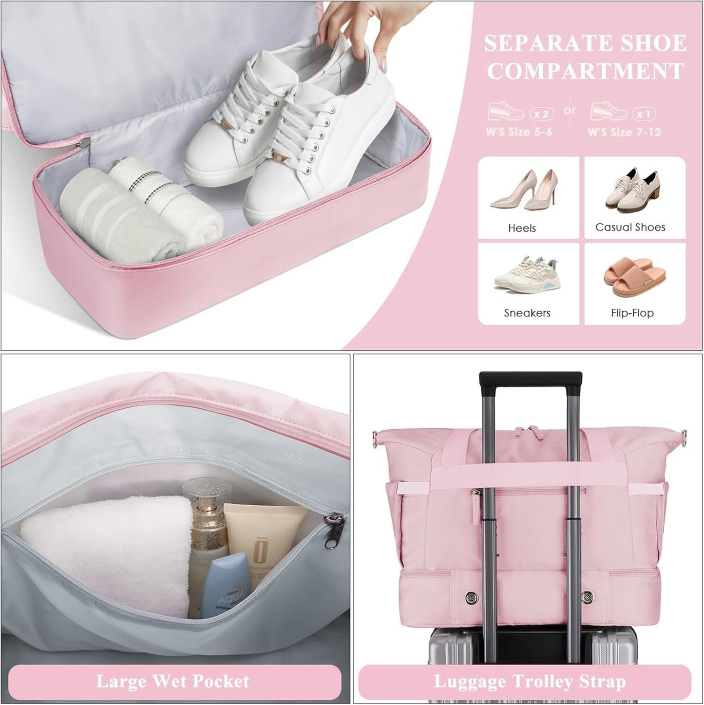 Gym Bag for Women, Sports Travel Duffel Bag with USB Charging Port, Weekender Overnight Bag with Wet Pocket and Shoes Compartment for Women Travel, Gym, Yoga, (Pink)
