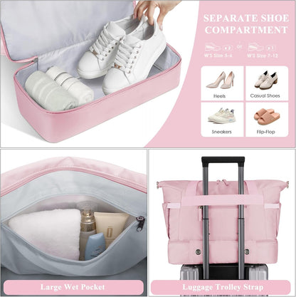 Gym Bag for Women, Sports Travel Duffel Bag with USB Charging Port, Weekender Overnight Bag with Wet Pocket and Shoes Compartment for Women Travel, Gym, Yoga, (Pink)